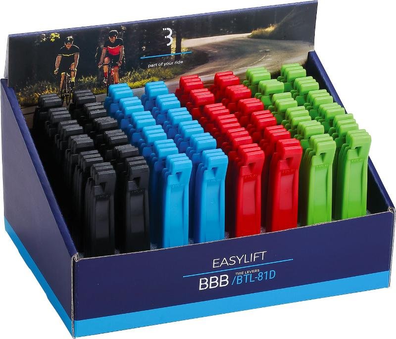 Коробка-дисплей с монтажками BBB tire levers EasyLift, 48x 3 pcs, black-blue-red-green, 2020, BTL-81D