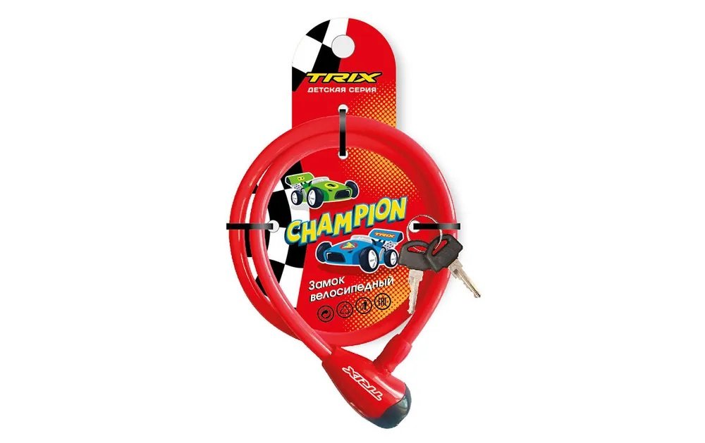 

Замок противоугонный TRIX Champion детский, трос стальной, с ключами 12×800мм, в пластиковой оболочке, LKTX12800KYCH