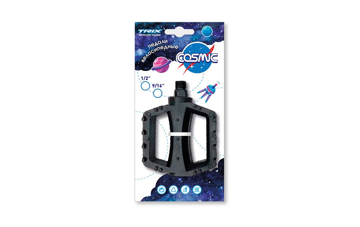 

Педали детские TRIX Cosmic, пластиковые, 100x80мм, резьба 1/2", с шипами, черные, PDTX82412CS, Черный