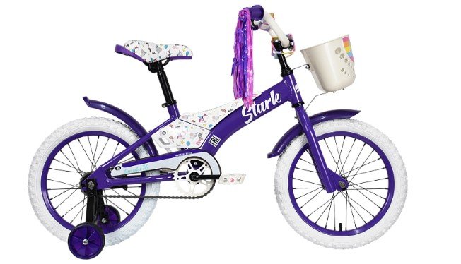 Детский велосипед Stark Tanuki 16 Girl фиолетовый/белый, 2023 женский велосипед stark viva 27 2 d год 2023 зеленый желтый ростовка 14 5