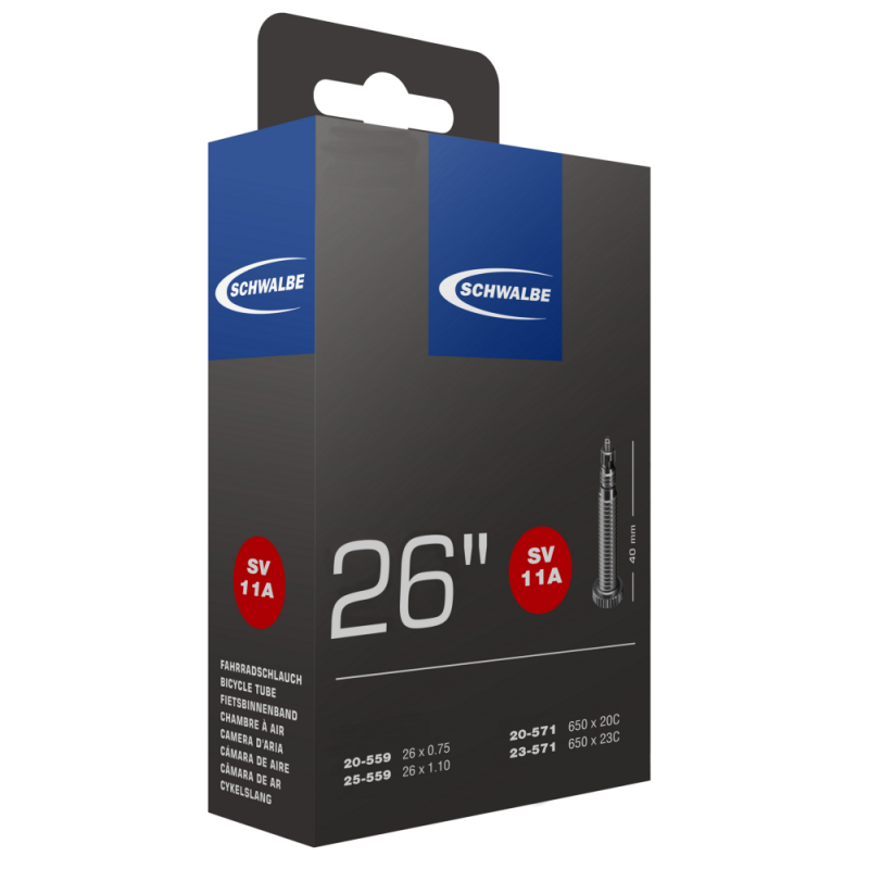 

Велокамера Schwalbe SV11A ETRTO 20/25-559/571, под покрышку 26"-0.75/1.00, 95 г, велониппель 40мм, 10422213