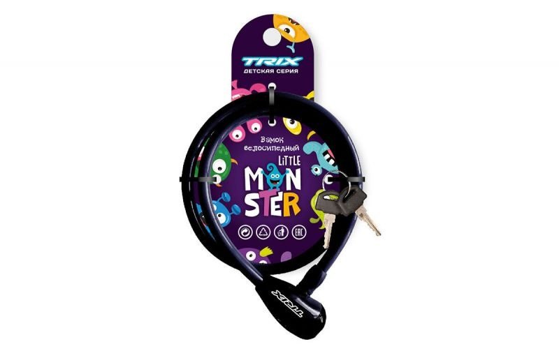 

Замок велосипедный TRIX Little Monster детский, трос стальной, с ключами 12×800мм, черный, LKTX12800KYLM