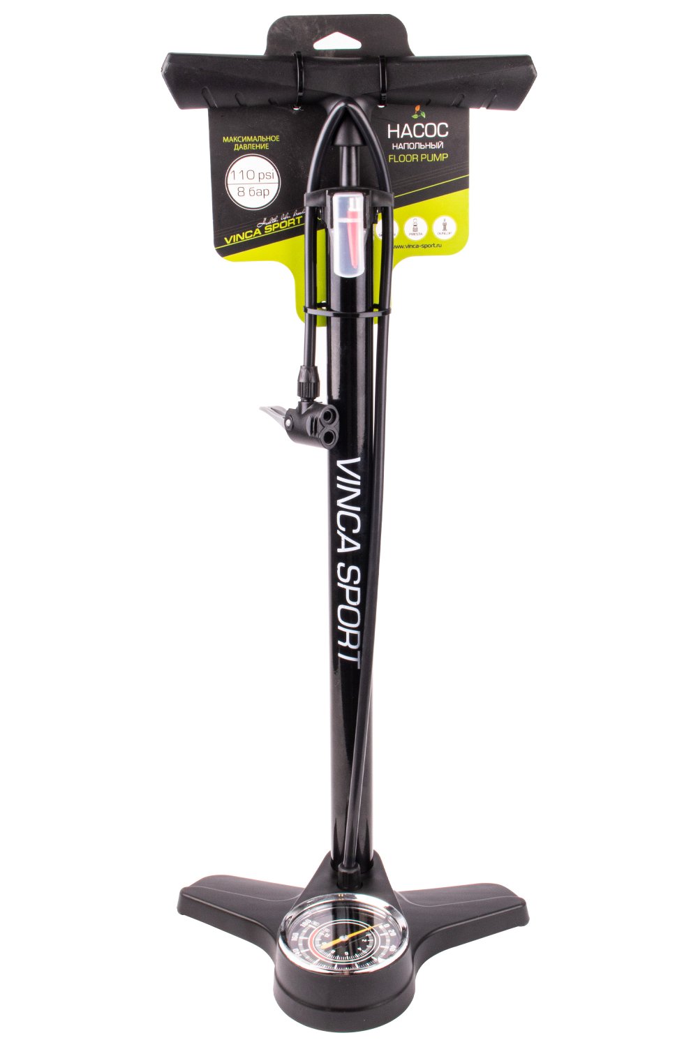 

Насос напольный, Vinca Sport, Мax 110psi (8 бар), Манометр,авто/вело ниппель, алюм. корпус, игла для мяча, GP 6532K
