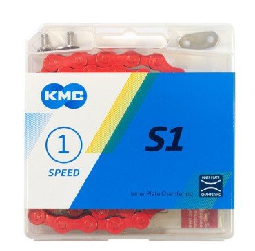 

Цепь велосипедная KMC S1 для 1 скорости, 1/2"х1/8", 112 звеньев, пин 8.6мм, с замком, красная, CH-KMC-S1-R