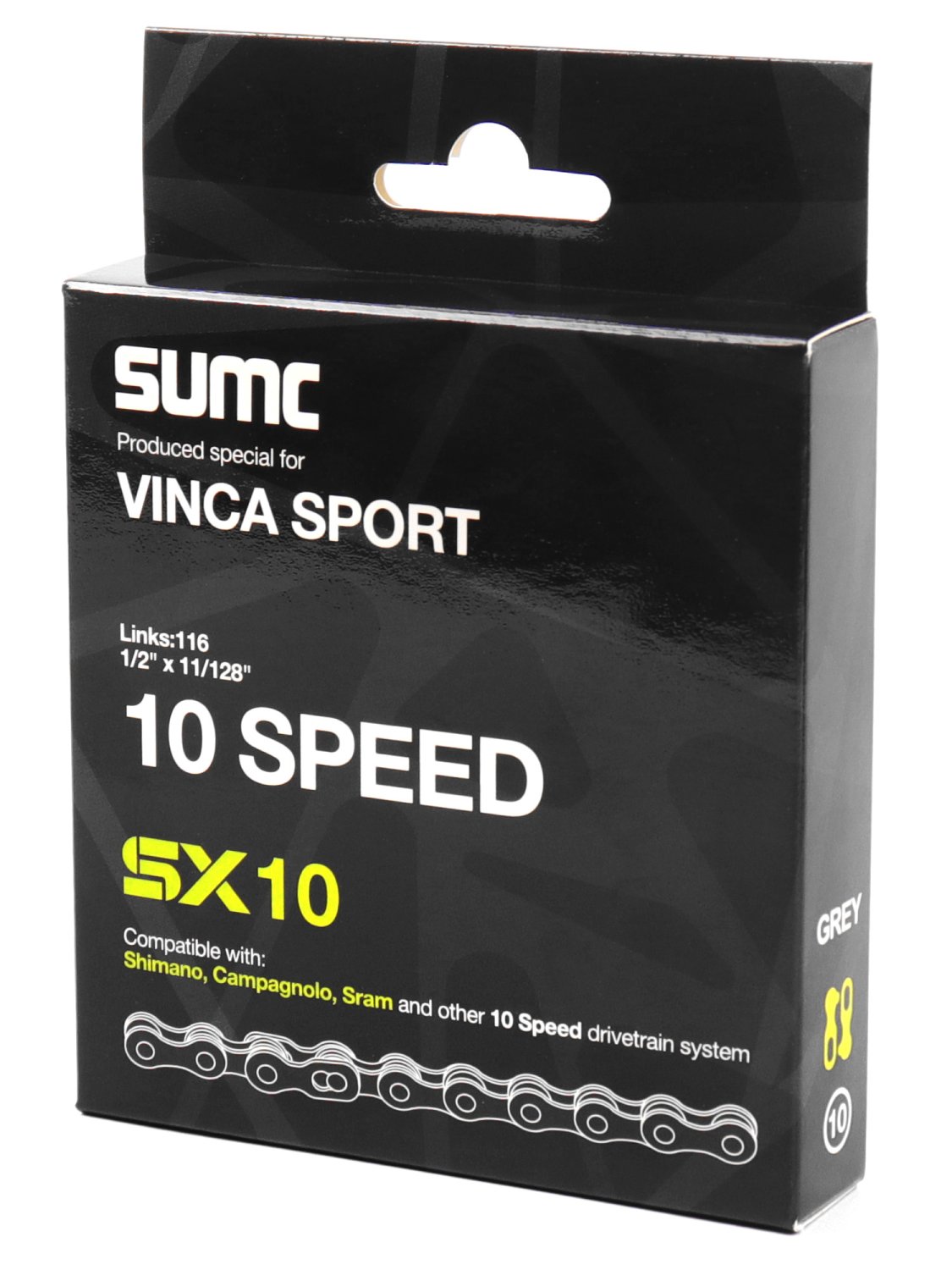

Цепь велосипедная SUMC S10, 10 ск, 116 звеньев, 1/2*11/128, серая, S 10 grey(10) инд. уп.